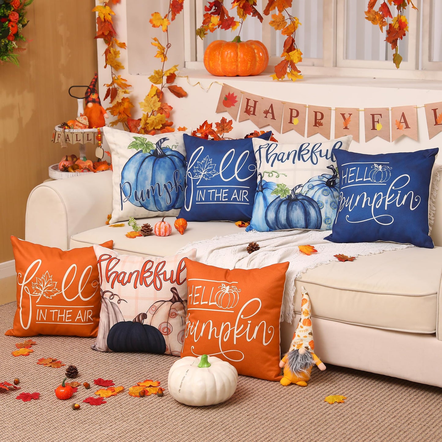 DFXSZ Fall Pillow Covers 18x18 inch Set of 4 Buffalo Plaid Fall Blue Pumpkin Throw Pillow Cover Autumn Thanksgiving Decoration for Home Couch Bed