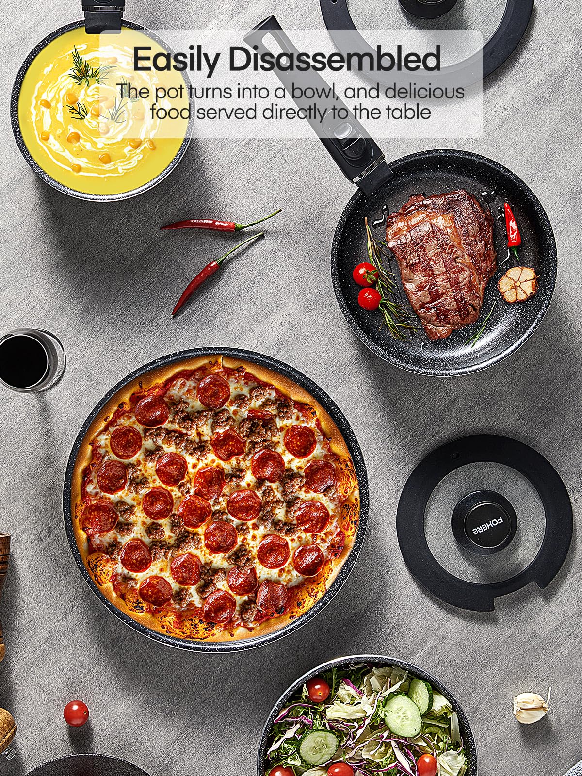 FOHERE 8pcs Pots and Pans Set with 2 Detachable Handles, Aluminum Nonstick Cookware Set, Induction Pan Set, RV Cookware Set, Oven Safe, Stackable