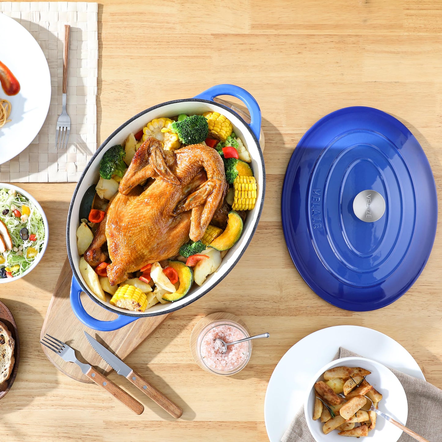 Velaze 7.5 QT Enameled Oval Dutch Oven Pot with Lid, Cast Iron Dutch Oven with Dual Handles for Bread Baking, Cooking, Frying, Non-stick Enamel Coated Cookware（Blue)