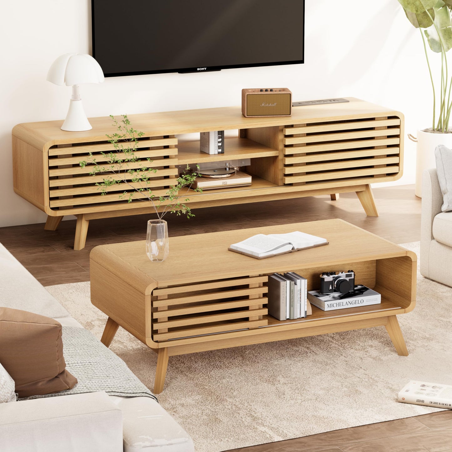 Royal Windsor Coffee Table,Mid Century Modern Table with Storage,Sliding Fence Door,Farmhouse Wooden Coffee Table for Living Room,Oak