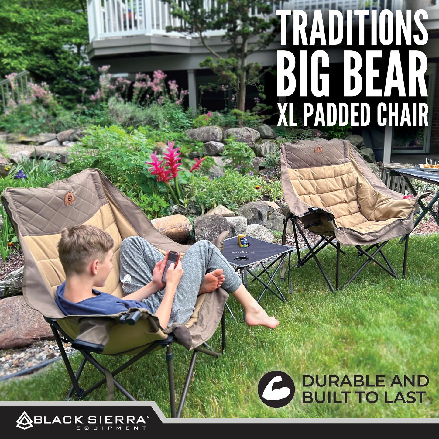 Black Sierra Deluxe Padded Camping Chair for Sports & Outdoors, Oversize XL Outdoor Folding Chair Supports 400 lbs, Heavy Duty Seat w/Dual Cup Holders/Carry Bag Perfect for RV, Tailgating, Glamping