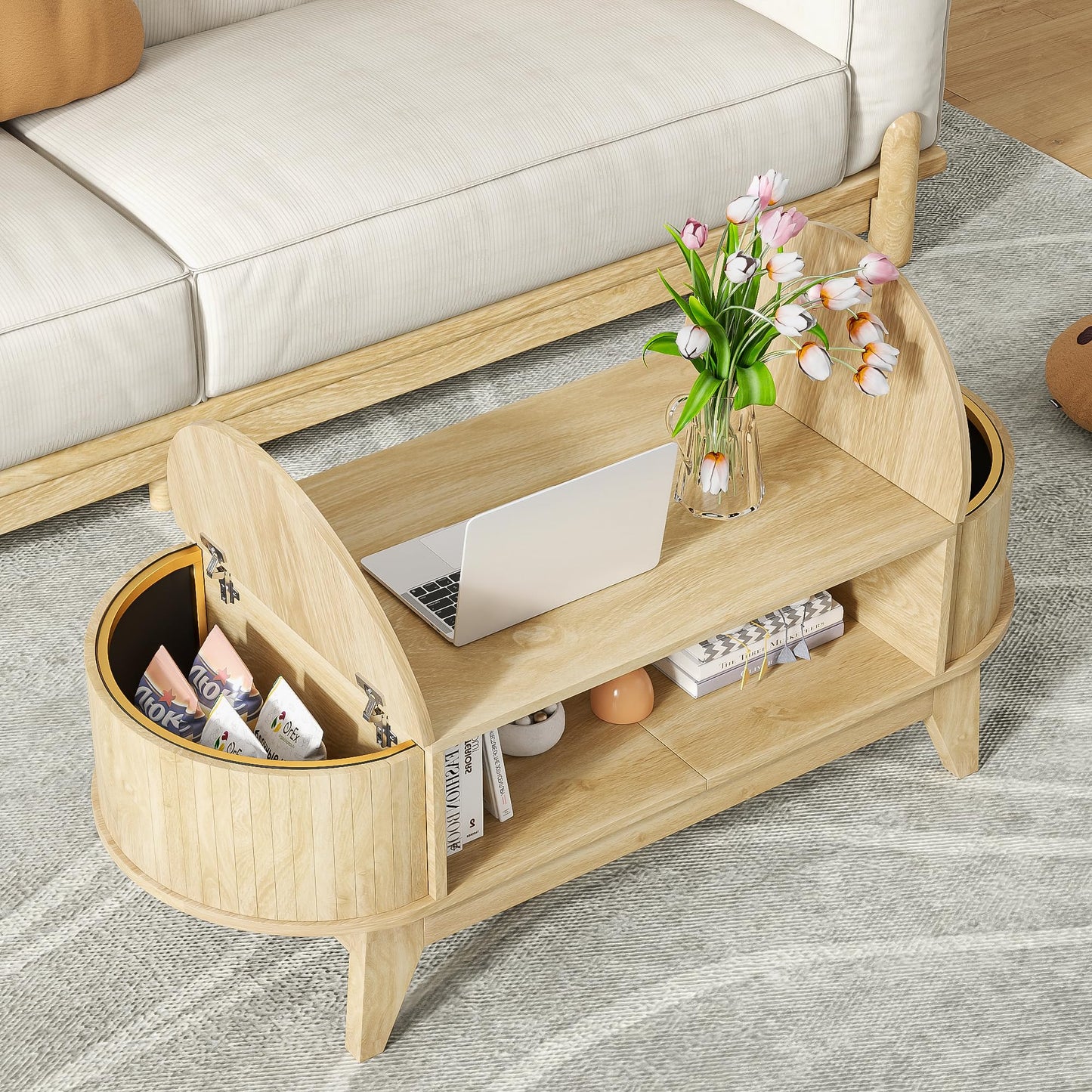 Fsbecl 46.45'' Oval Coffee Tables for Living Room, Mid Century Modern Coffee Table with Storage, Wood Fluted Accent Center Table with Flip-Top Lids for Home,Office (Wood Color)