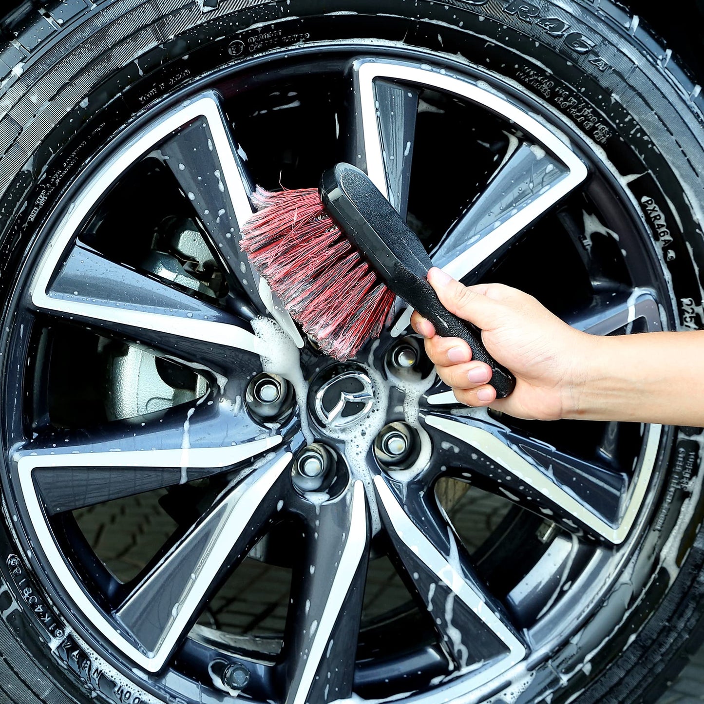 TAKAVU Wheel Tire Brush - Soft Bristle with Short Handle, Included Detailing Brush - Car Cleaning Kit for Rims, Tires, Interior Vents, Emblems - Scratch Safe
