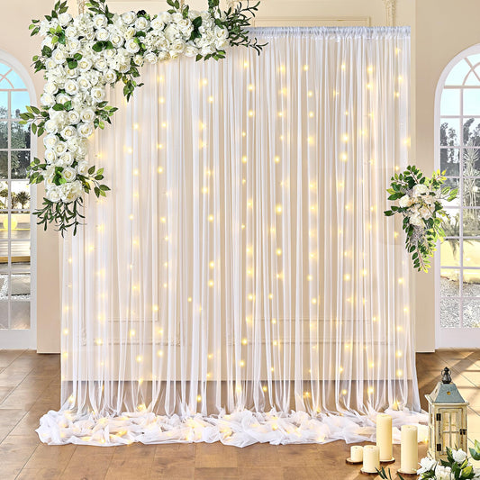 White Sheer Curtains with Lights String Tulle Curtain for Living Room Bedroom Parites Wedding Birthday Decorations 2 Panels 60" Wｘ84 L