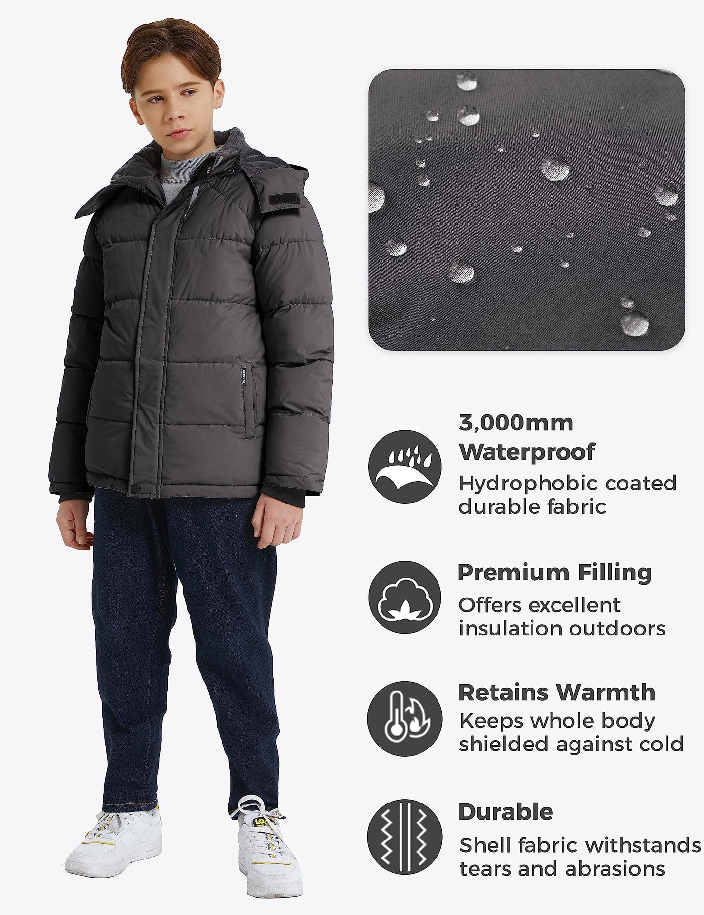 wantdo Boy's Waterproof Winter Jacket Hooded Puffer Coats Jackets Dark Gray Size 8