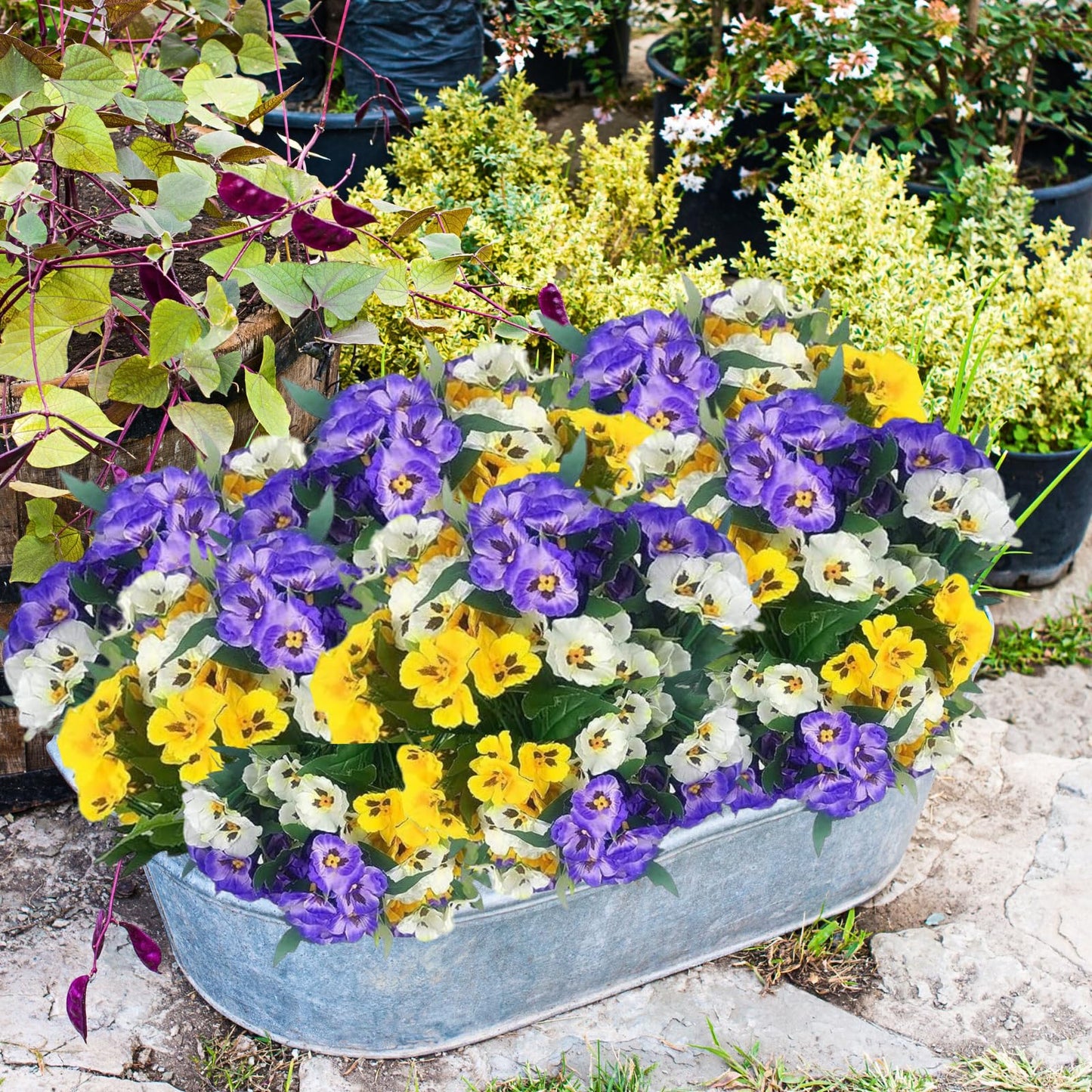 ASTRYAS 12 Bundles Artificial Flowers for Outdoor Fake Pansies Small Wild Flowers Faux Pansy Plastic Flowers for Home Garden Flower Beds Outdoor Plants (White/Purple/Yellow)