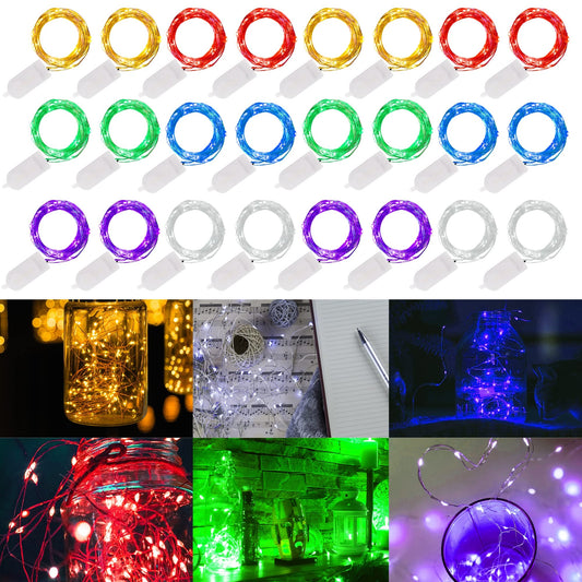 WATERGLIDE 24 Pack Fairy Lights Battery Operated (Included), 7 ft 20 LED Mini String Lights, Waterproof Silver Wire Firefly Starry Lights for DIY Wedding Christmas Party Mason Jars Decor, Multicolor