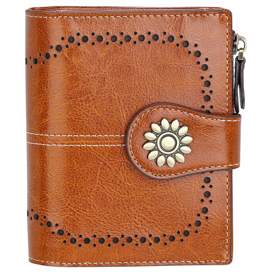 Lavemi Womens Leather Wallet Small Compact RFID Blocking Credit Card Case Purse with Zipper Pocket(Brown)