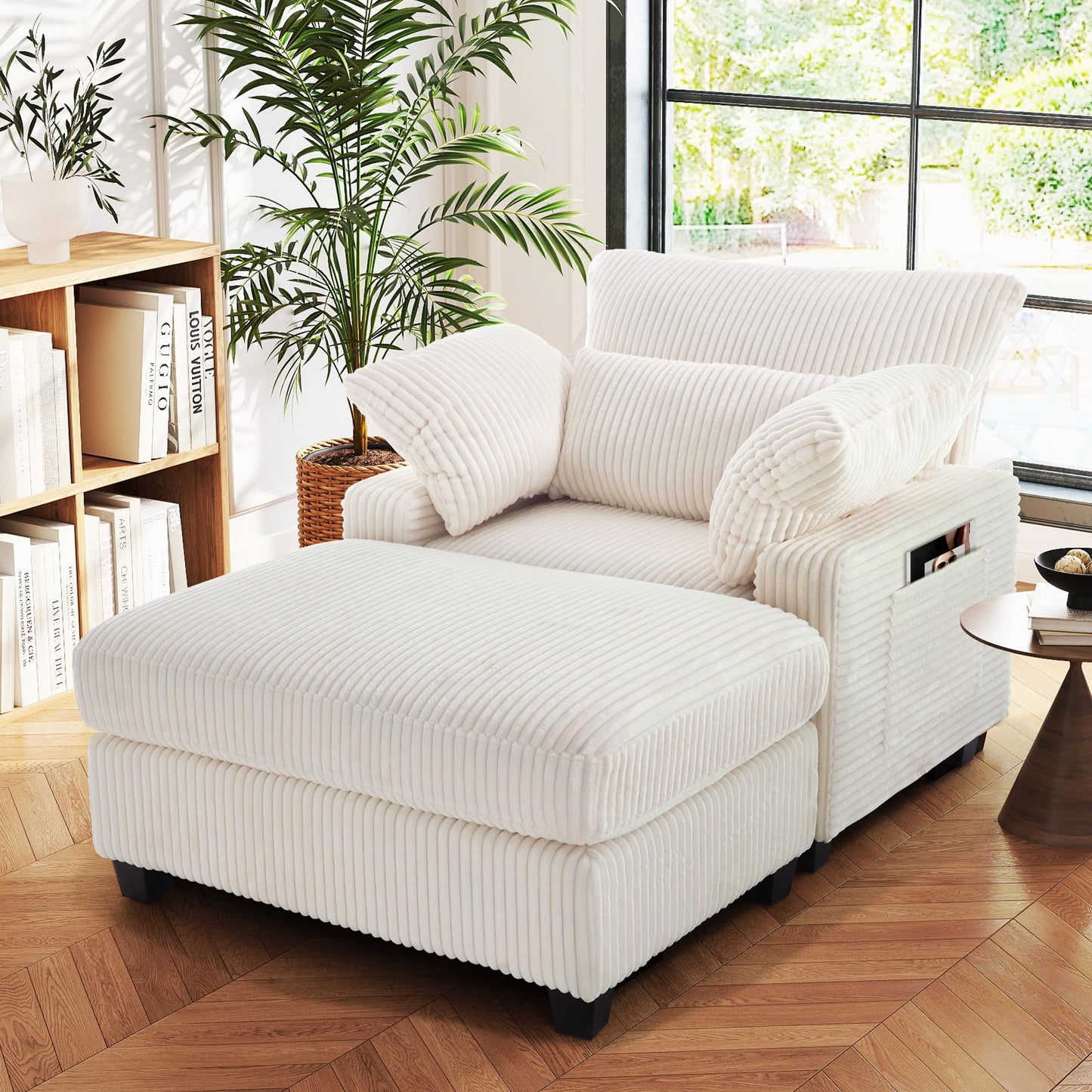 Hanherry 57.6" D Chaise Lounge Chair Indoor with Ottoman, Corduroy Lounge Sleeper Sofa Chair, Comfy Reading Chair with Double-Sided Armrest and Lumbar Support for Bedroom, Living Room, Office(Beige)