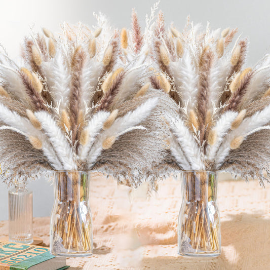 300PCS Natural Pampas Grass Mix Bouquet | Dried Pampas Bouquet for Wedding Boho Flowers Home Table Decor Desk Decor, Rustic Farmhouse Decor (300PCS)