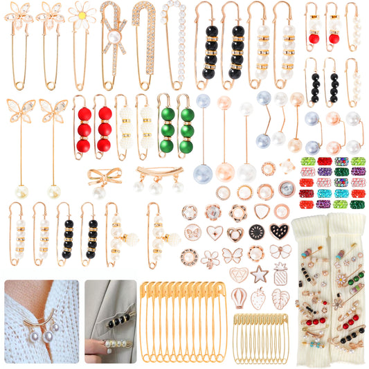 Gold Brooches Pins Charms for Socks: LOTOFUN Fashion 12,80,110PCS Rhinestone Pearl Bling Junk Sock Bulk Button - Decorative Safety Pins Brooch for Women Shoes Clothes Sweater Hat Pant