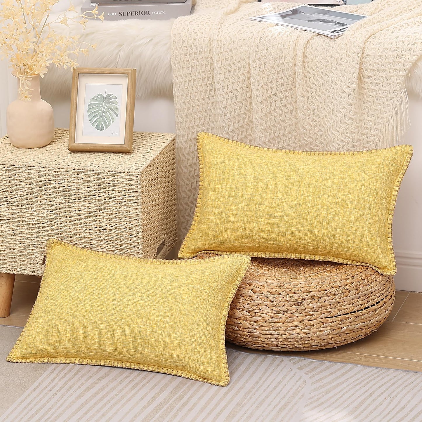 decorUhome Decorative Outdoor Throw Pillow Covers 12x20 Set of 2, Lumbar Linen Rustic Neutral Farmhouse Pillow Covers with Stitched Edge for Couch, Sofa, Living Room, Mustard Yellow
