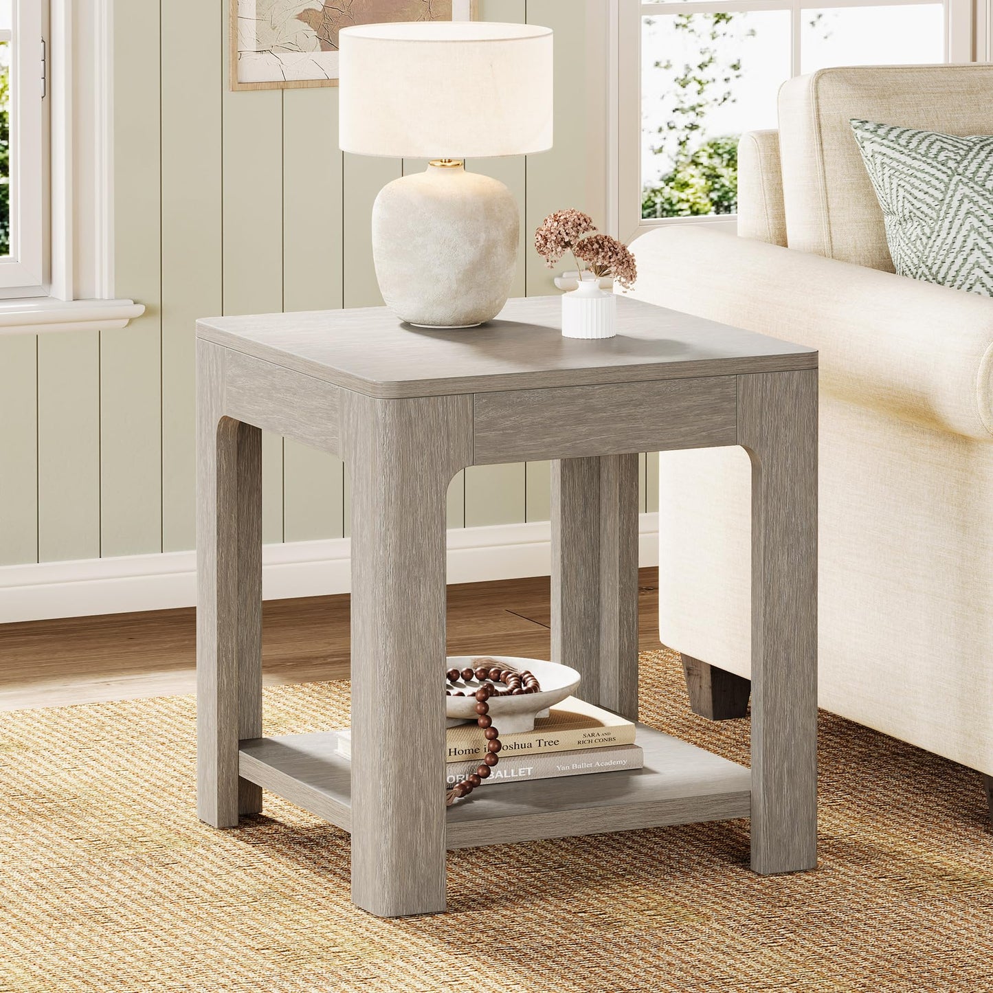 Tribesigns 2-Tier Square End Table, Farmhouse Wooden Side Table with Storage Shelf, Rustic Nightstand for Small Spaces, Living Room(1)