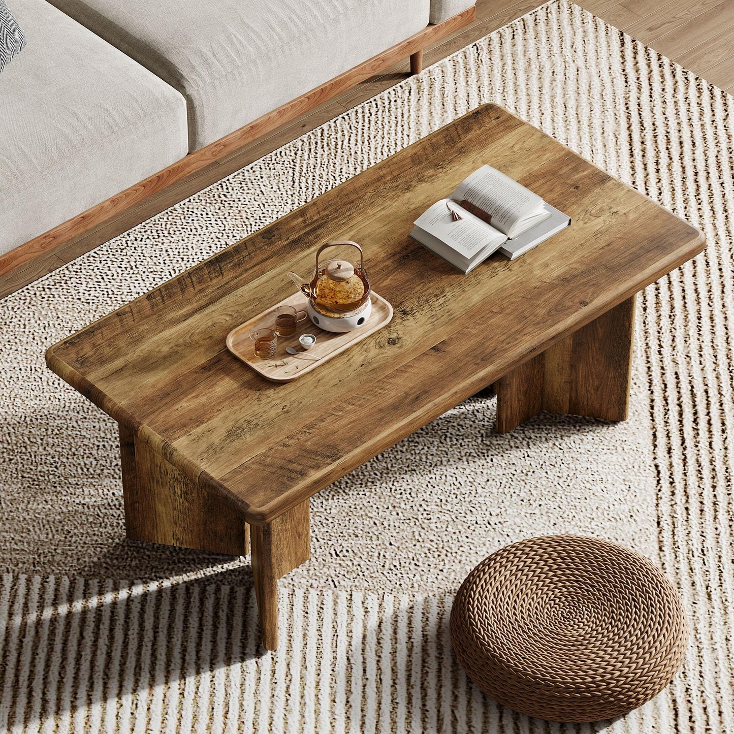 Tribesigns Rectangle Coffee Table, 47.24-Inch Farmhouse Low Cocktail Tea Table, Home Living Room Center Furniture, Rustic Brown