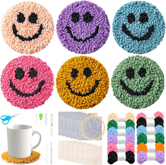 FoszaSzept Smile Punch Needle Coaster Kit, 22Pcs Embroidery Needle Coasters Crafts for Beginners, Easy DIY Mug Tufted Making Set with 6 Patterns Hoop Self Adhesive Felt Cloth Threading Device Gifts