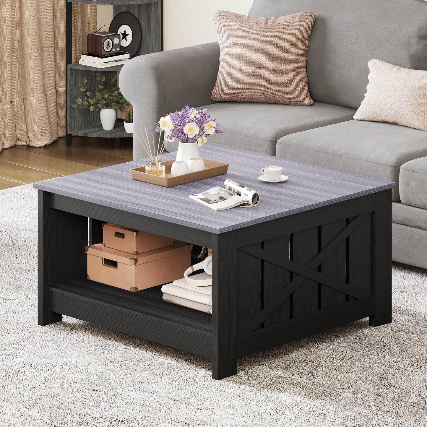 YITAHOME Farmhouse Coffee Table with Storage Rustic Wood Cocktail Table, Square Coffee Tables for Living Meeting Room with Half Open Storage Compartment, Grey and Black