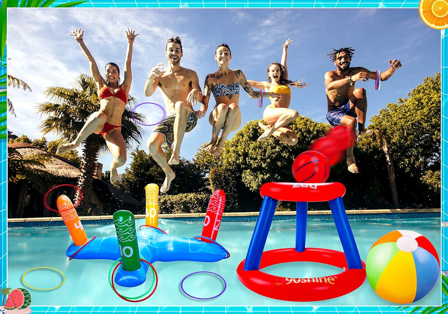 90shine 3 Sets Pool Toys Games for Adults and Family - Floating Basketball Hoop&Inflatable Ring Toss&Beach Ball for Kids Swimming Water Fun Floats Accessories