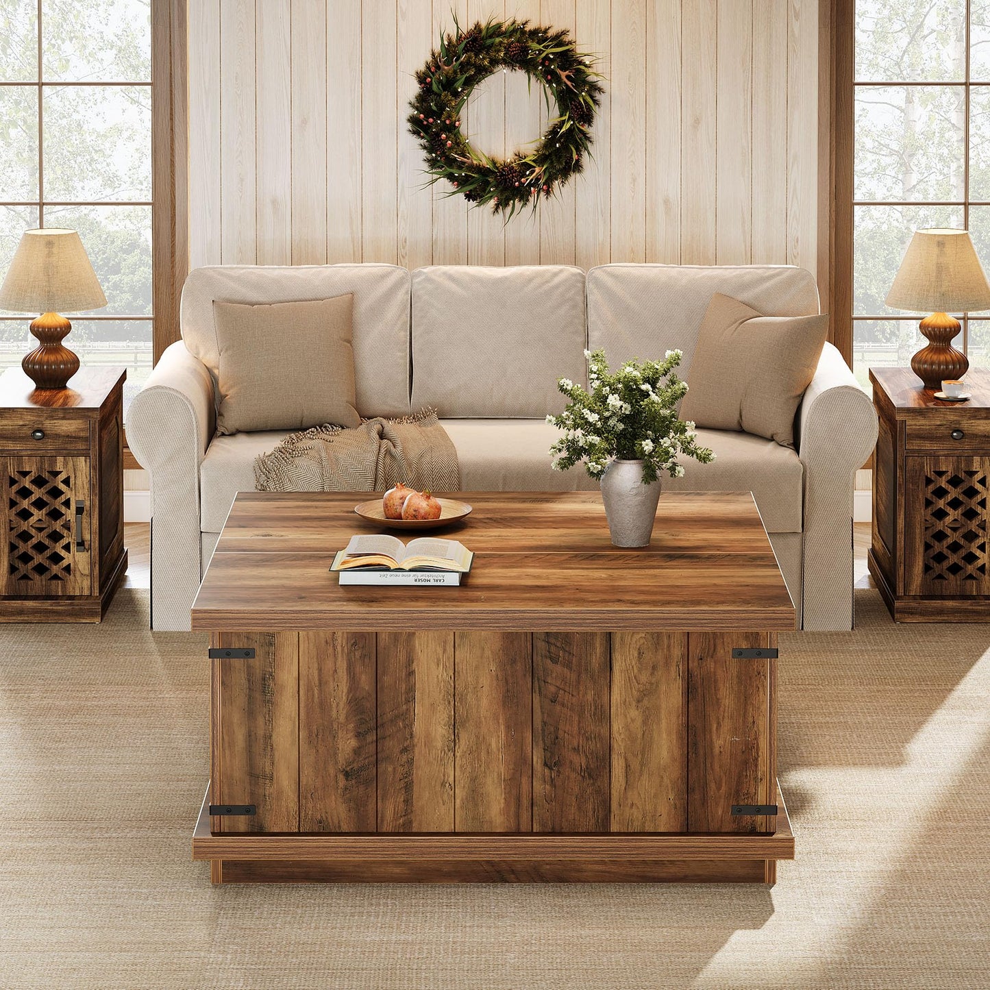 Tribesigns Farmhouse Lift Top Coffee Table, 33.46'' Square Wooden Center Cocktail Table with Large Hidden Storage Compartment for Living Room, Rustic Brown