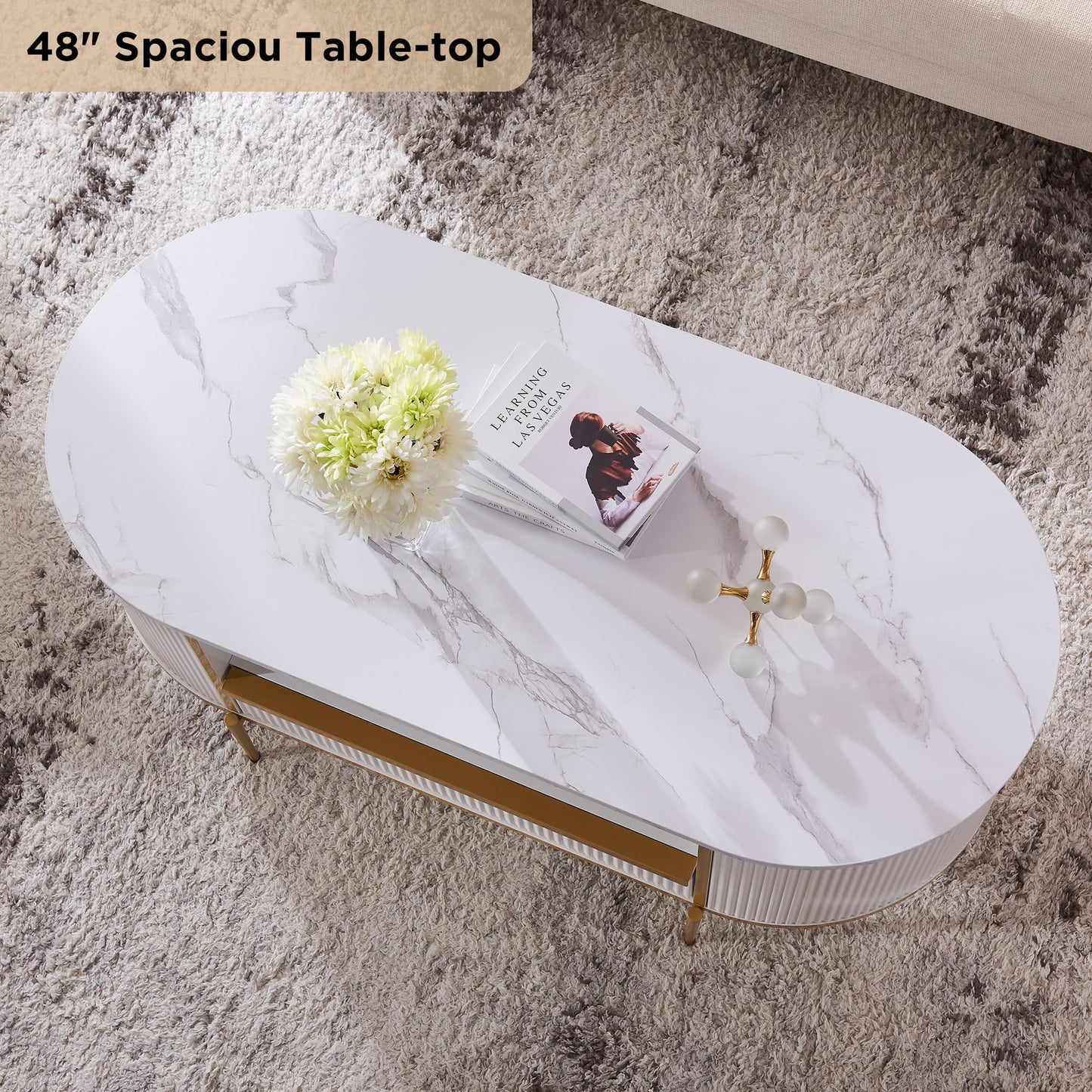 OKD Modern Luxury Fluted Coffee Table, 48" Oval Coffee Table with Drawer, Faux Marble Top, Curved Profile Design, Gold Metal Decor, Center Table for Living Room, Off White