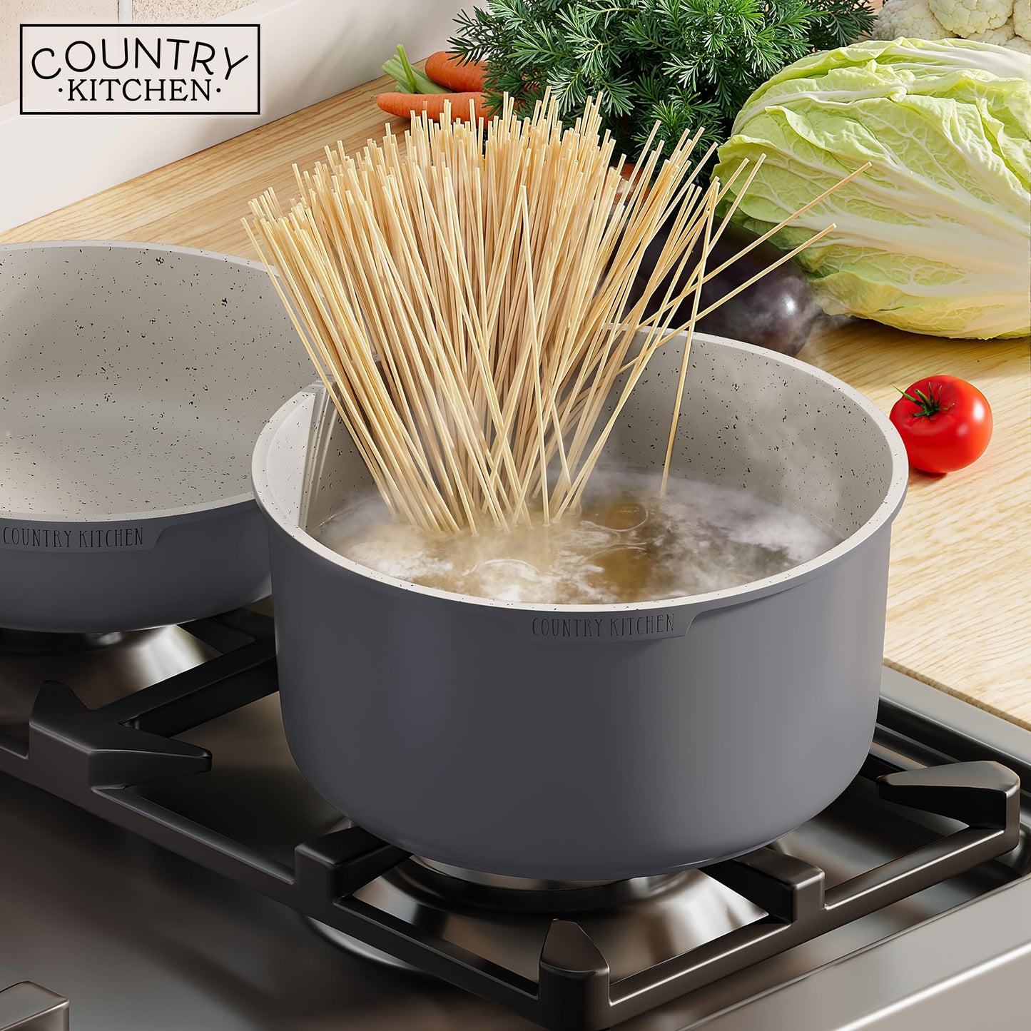 Country Kitchen Cookware Set with Removable Handle, Oven & RV Safe Pots and Pans Set, Grey/Ivory Wood Handle, Original