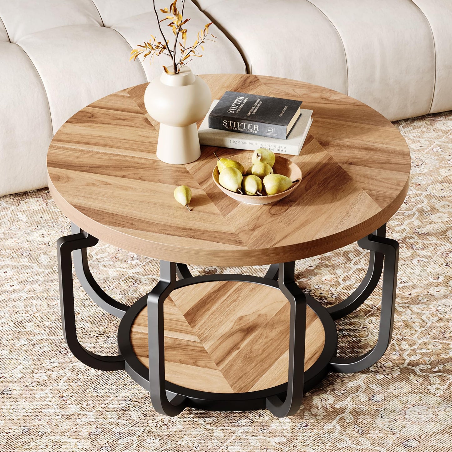 LIKEMET Round Coffee Table, 32" Circle Coffee Table for Living Room with 2-Tier Storage Shelves, Pumpkin Accent Center Table with Wood Grain Desktop for Living Room, Halloween