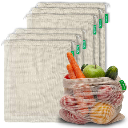 12+1 Reusable Produce Bags Grocery Washable, Organic Cotton Mesh Produce Bags, Double-Stitched & Tare Weigh, Mesh bags for vegetables, Cotton Produce Bags Reusable Washable, Produce bag 4xS, 4xM, 4xL
