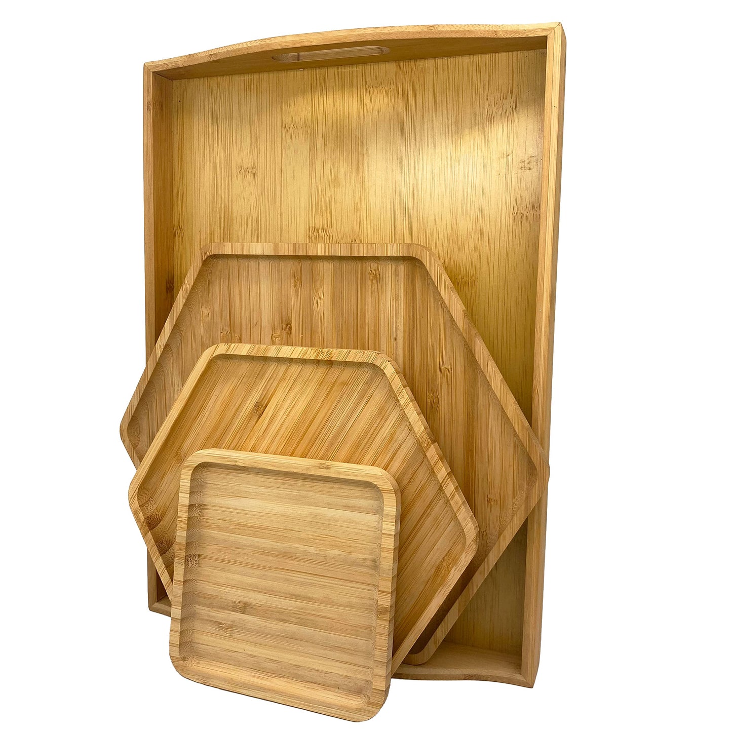 Bamboo Serving Trays Charcuterie Platter 16.5"x11.8"（42x30cm with Handle, Set Includes 1xHexagon 12.5"(32cm)+1xSquare 7.8"(20cm)+1xSquare 5.9"(15cm) Small Plates for Family Dinner