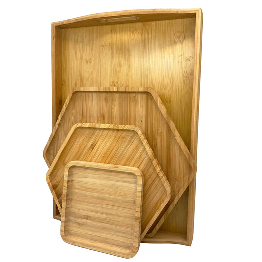 Bamboo Serving Trays Charcuterie Platter 16.5"x11.8"（42x30cm with Handle, Set Includes 1xHexagon 12.5"(32cm)+1xSquare 7.8"(20cm)+1xSquare 5.9"(15cm) Small Plates for Family Dinner