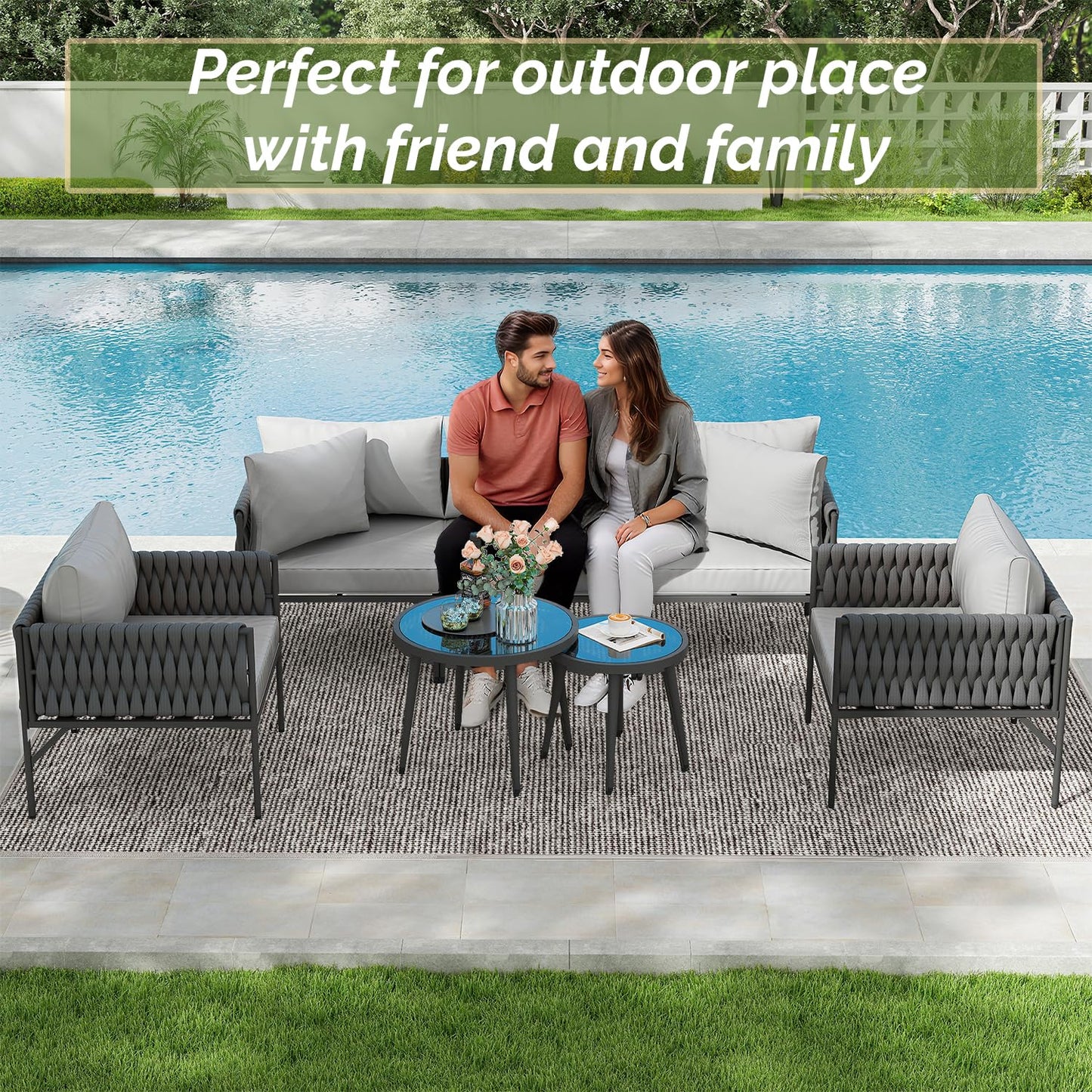 Aluminum 7-Piece Outdoor Patio Furniture Set, Conversation Sets with Comfortable Cushions, outdoor sectional and Tempered Glass Tables for Porch, Balcony, Poolside, Balcony & Courtyard (Gary)