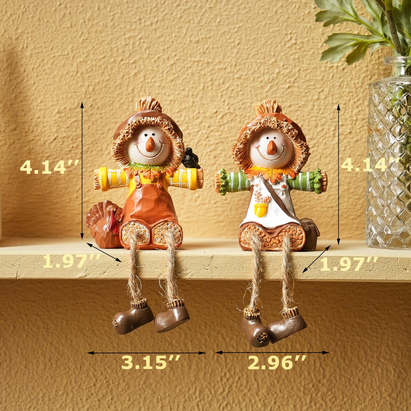 FESTGLOX Scarecrow Fall Decor, 2Pcs Harvest Scarecrow Figurines Indoor Fall Shelf Sitters with Dangling Legs, Resin Small Scarecrow for Autumn Thanksgiving Tabletop, Fireplace, Farmhouse Decor