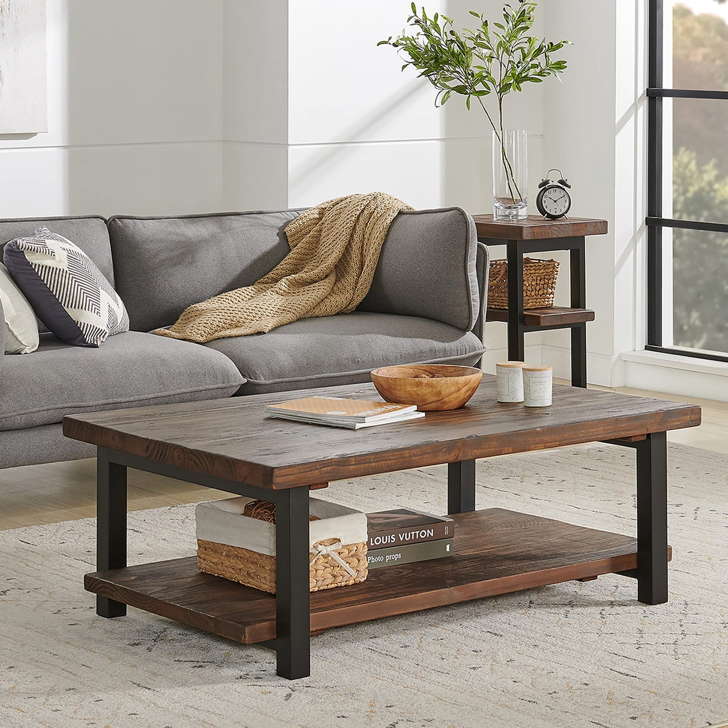 Alaterre Furniture Pomona Rustic Natural 48" Wide Coffee Table with Shelf, 400 lbs. Weight Capacity and Metal Legs for Living Room Rustic Industrial Style Storage - Wood Top & Reclaimed Wood Finish