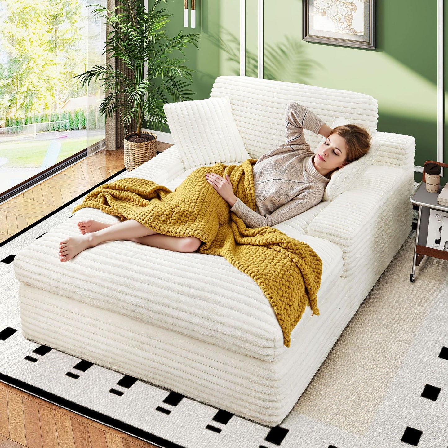 WorthFurni 57.5" Oversized Chaise Lounge Chair Indoor - Upholstered Sofa Bed with Cushions and Armrests Sleeper Chair - Plush Bed for Living Room(White