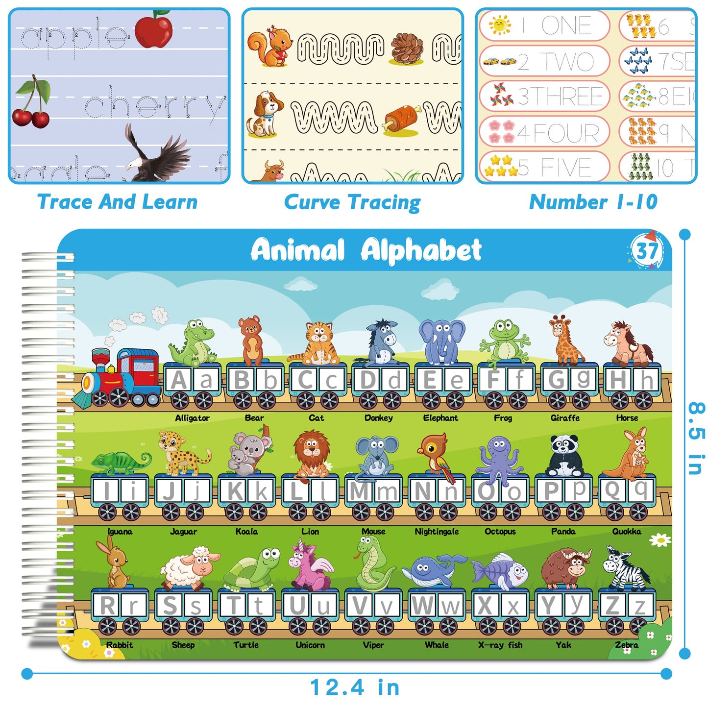 Handwriting Practice Book for kids, Toddlers Preschool Learning Activity 40 Pages Autism Educational Montessori Toys Learn Number Letters Shapes Animal & Sight Words Workbook with 8 Dry Erase Markers