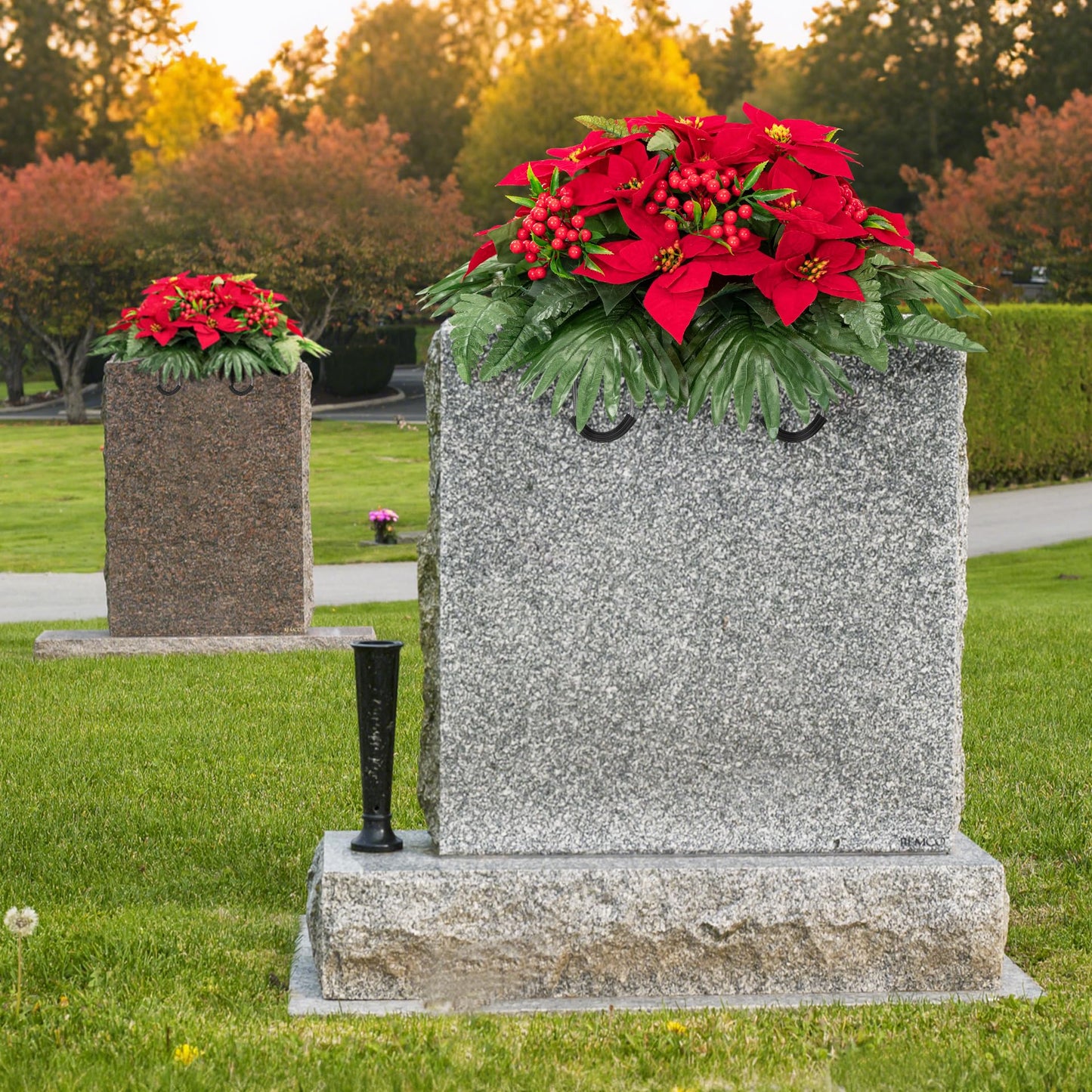 Uqueeten Poinsettia Flowers Artificial Christmas Grave Decorations for Cemetery Sympathy Flowers Cemetery Vases for Grave Fake Flowers Christmas Cemetery Decorations Plastic Christmas Flowers (Red)