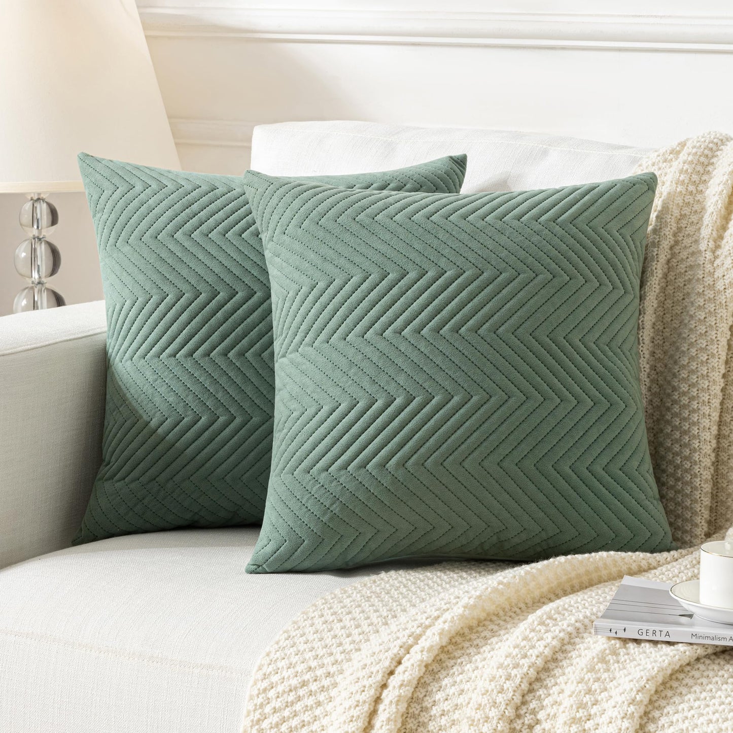 JELLYMONI Throw Pillow Covers 20”x20” Set of 2 Decorative Pillow Cases Light Green with Zipper Square Cushion Cover Polyester Quilted Solid Soft Home Decor for Bed Sofa Living Room (NO Insert)