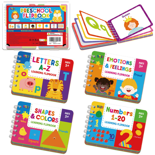 4 Preschool Learning Flipbooks, 96PCS Double Sided Printed Cards Set, Alphabet Letter A-Z, Number 1-20, Feelings and Emotions, Shapes and Colors Mini Board Books Set Early Educational Tool for Kids