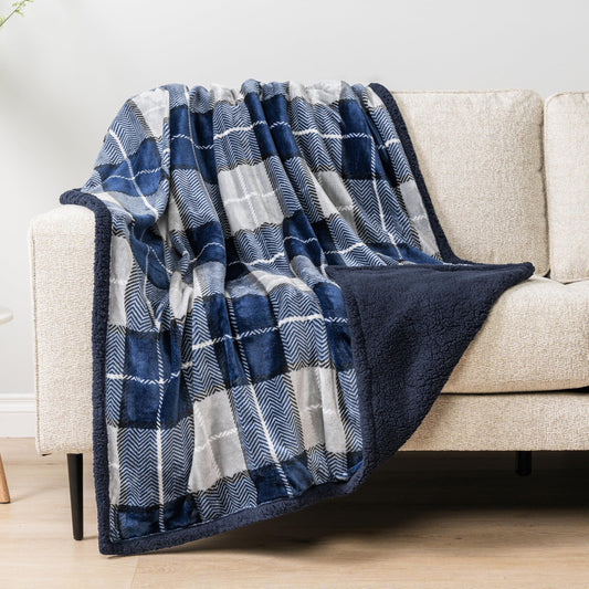 Pavilia Blue Navy Plaid Sherpa Throw Blanket for Couch, Plush Flannel Fleece, Soft Fuzzy Cabin for Sofa Bed, Warm Cozy Winter Gift, 50x60