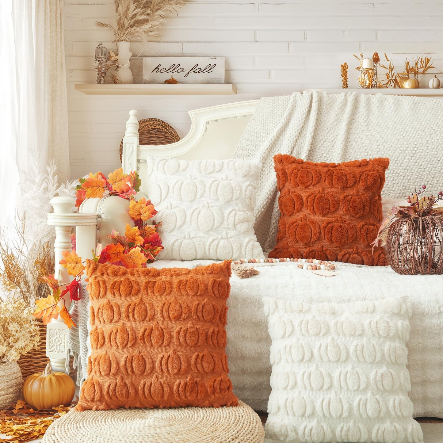 GEEORY Fall Pillow Covers 18 x 18 Inch Set of 2, Fall Decorations Pumpkins Soft Plush Fluffy Faux Fur Wool Decorative Autumn Farmhouse Cushion Case for Sofa Rust GC019-18