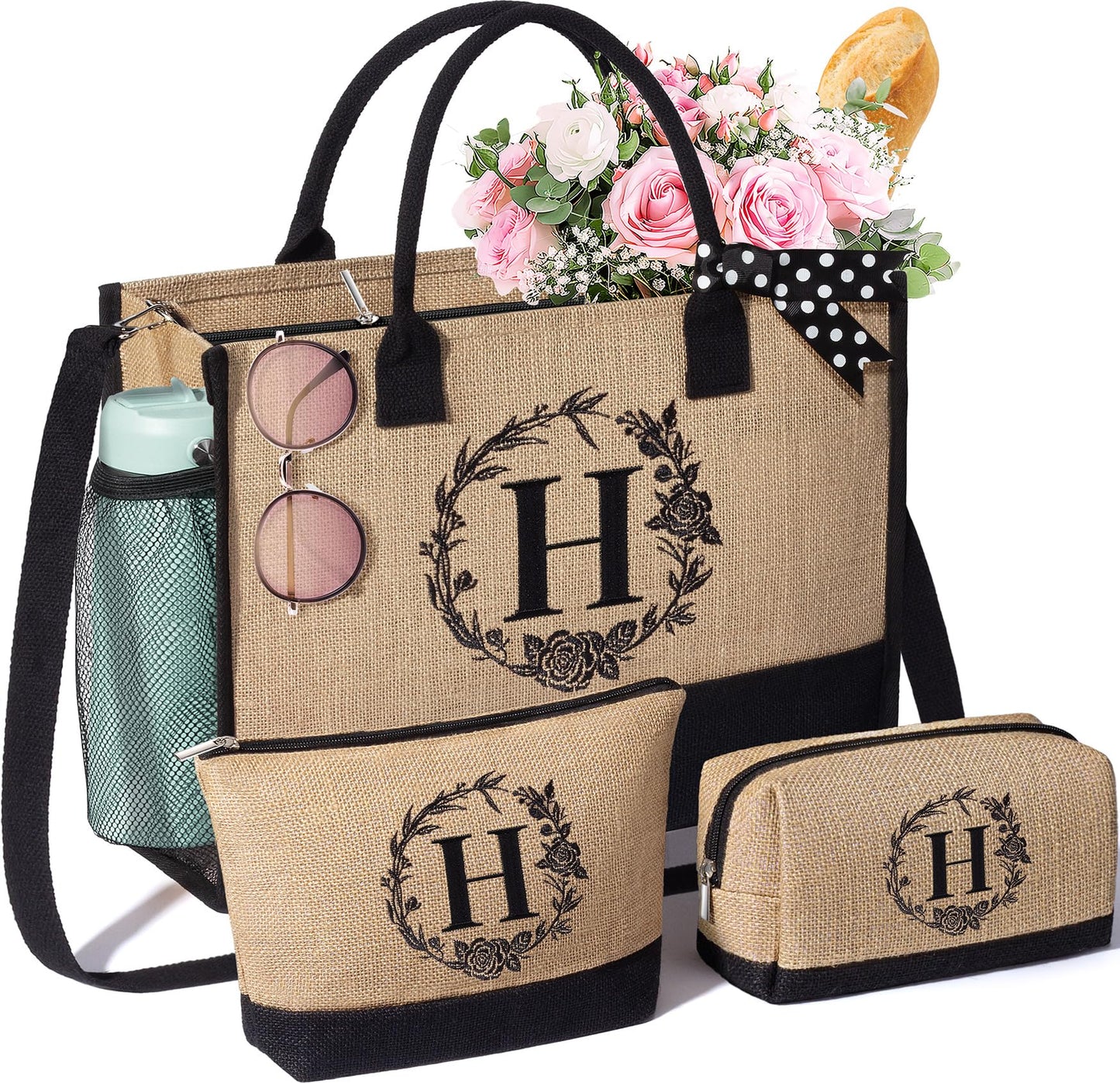 Personalized Gifts for Women Tote Bag, Initial Jute Tote Bag & Makeup Bags Monogrammed Beach Bag w/ Zipper, Birthday Gifts Mothers Day Gifts for Mom Women Her Friend Sister Wife Grandma Teacher Nurse