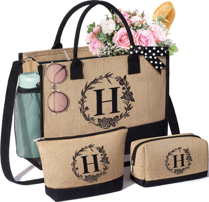 Personalized Gifts for Women Tote Bag, Initial Jute Tote Bag & Makeup Bags Monogrammed Beach Bag w/ Zipper, Birthday Gifts Mothers Day Gifts for Mom Women Her Friend Sister Wife Grandma Teacher Nurse
