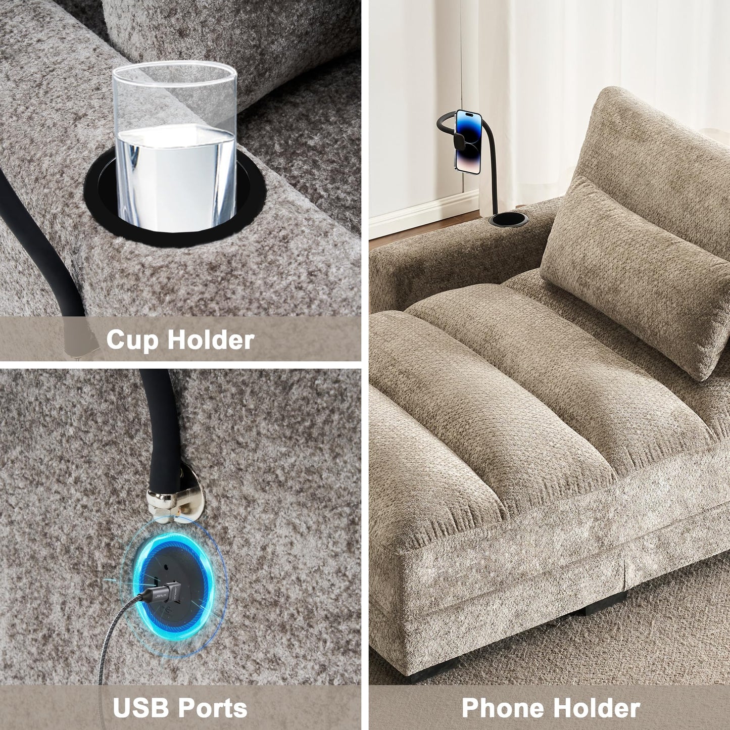 IHDKO Oversized Chaise Lounge Chair Indoor, Comfy Lounge Sleeper Sofa with USB Ports, Cup & Phone Holders, Chenille Cloud Reading Chair Bed for Living Room, Bedroom, Office (Grey)