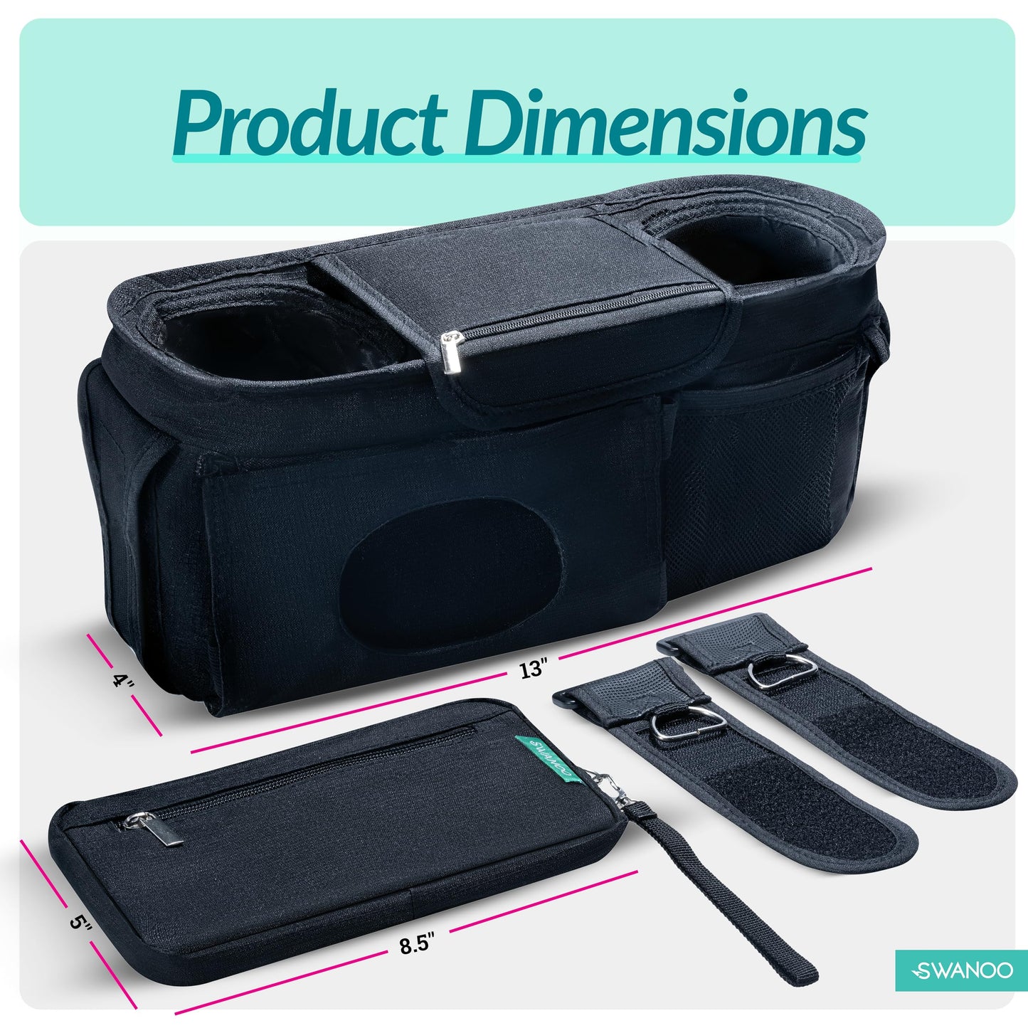 Swanoo Stroller Caddy Stroller Organizer With Cup Holder, Non Slip Straps Stroller Bag for Phone, Pet Stroller Accessories, Universal Fits Uppababby Vista v2 Wonderfold Wagon, Doona and More