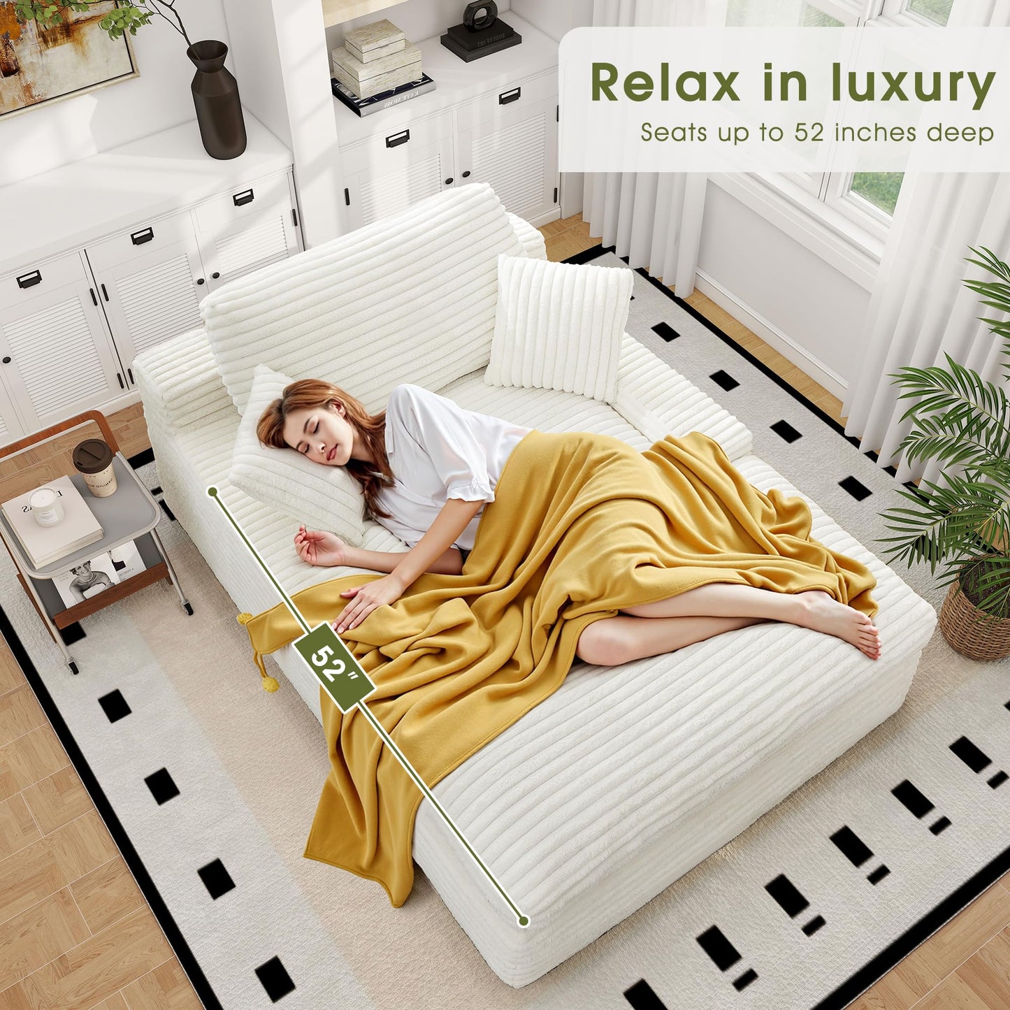 WorthFurni 57.5" Oversized Chaise Lounge Chair Indoor - Upholstered Sofa Bed with Cushions and Armrests Sleeper Chair - Plush Bed for Living Room(White