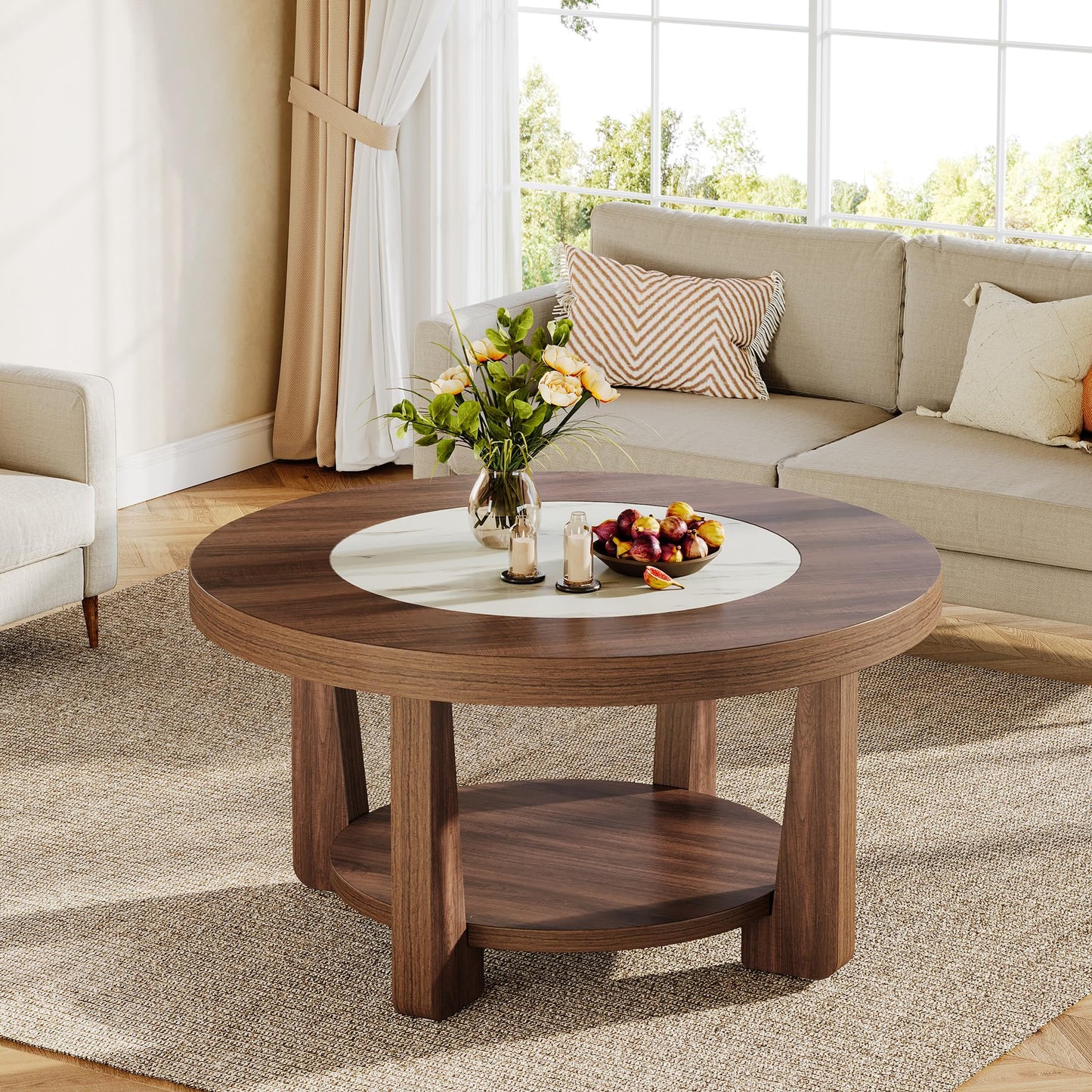 Tribesigns Coffee Table, 2-Tier Round Coffee Table with Heavy-Duty Wood Tabletop for Living Room, Industrial Circle Wood Accent Center Table with Storage, Brown and White