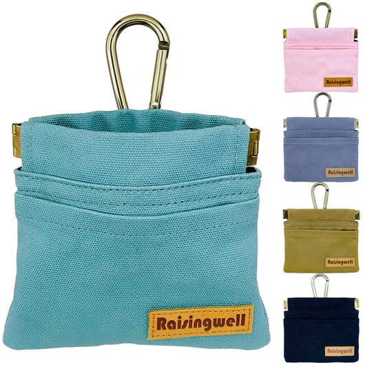 Raisingwell Dog Treat Pouch, Green Pocket Sized Pet Training Pouch, Cotton Fabric, Hand Free Dog Walking Bag with Carabiner, Self-Closing Pet Feed Snack Reward, for Puppy Travel or Outdoor Use