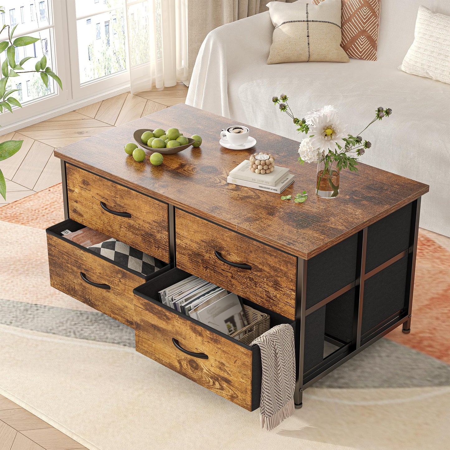 EnHomee Coffee Table with Storage, Modern Coffee Tables for Living Room, Black Center Table with Fabric Drawer and Large Hidden Space for Bedroom, Home, Office