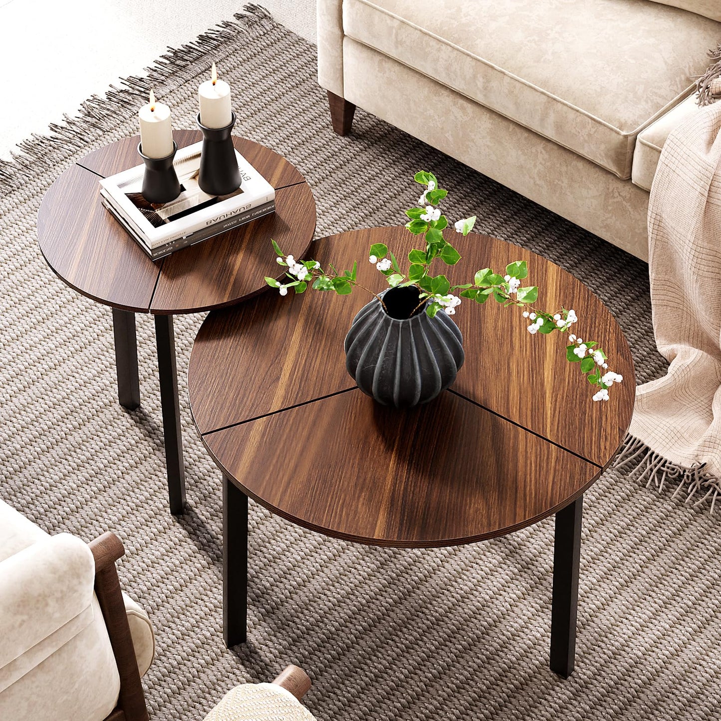 HOMPUS Nesting Coffee Table, 23.6'' Modern Coffee Table Sets, Nesting Tables Set of 2, Round Coffee Table Set 2, Nesting Tables for Living Room, Dining Room (Walnut)