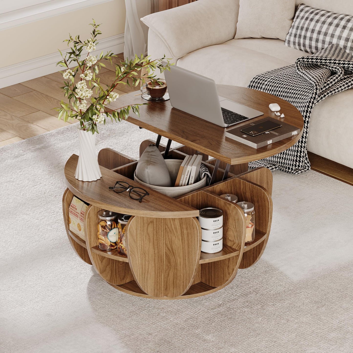 32.7" Lift Top Coffee Table with Storage, Wood Round Center Table with Hidden Storage Compartment & Shelves, Mid Century Modern Coffee Tables for Living Room Rustic Accent Small Center Table