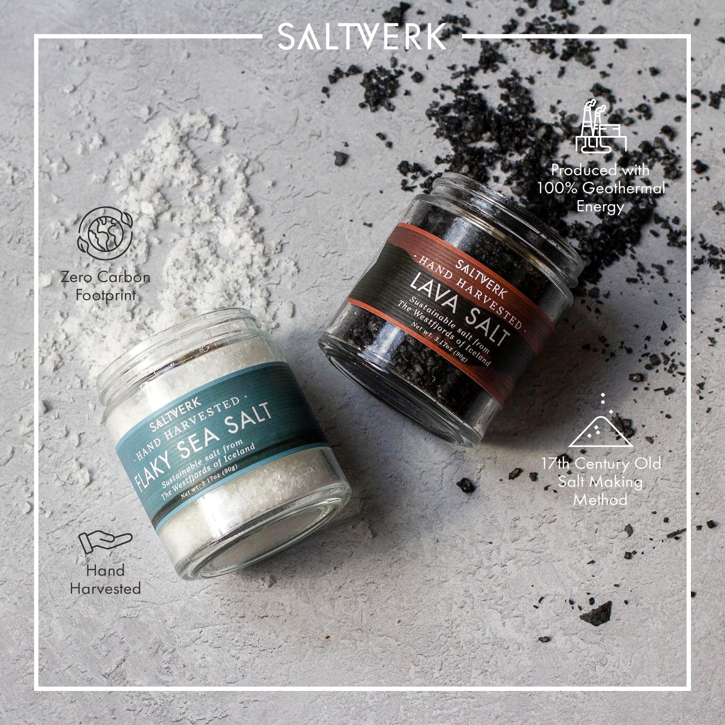 Saltverk Salt Gift Set- Includes 2 Jars - Flaky and Lava Sea Salts- Gourmet, Icelandic, Hand Harvested and Sustainably Made- 6.34 Oz Total