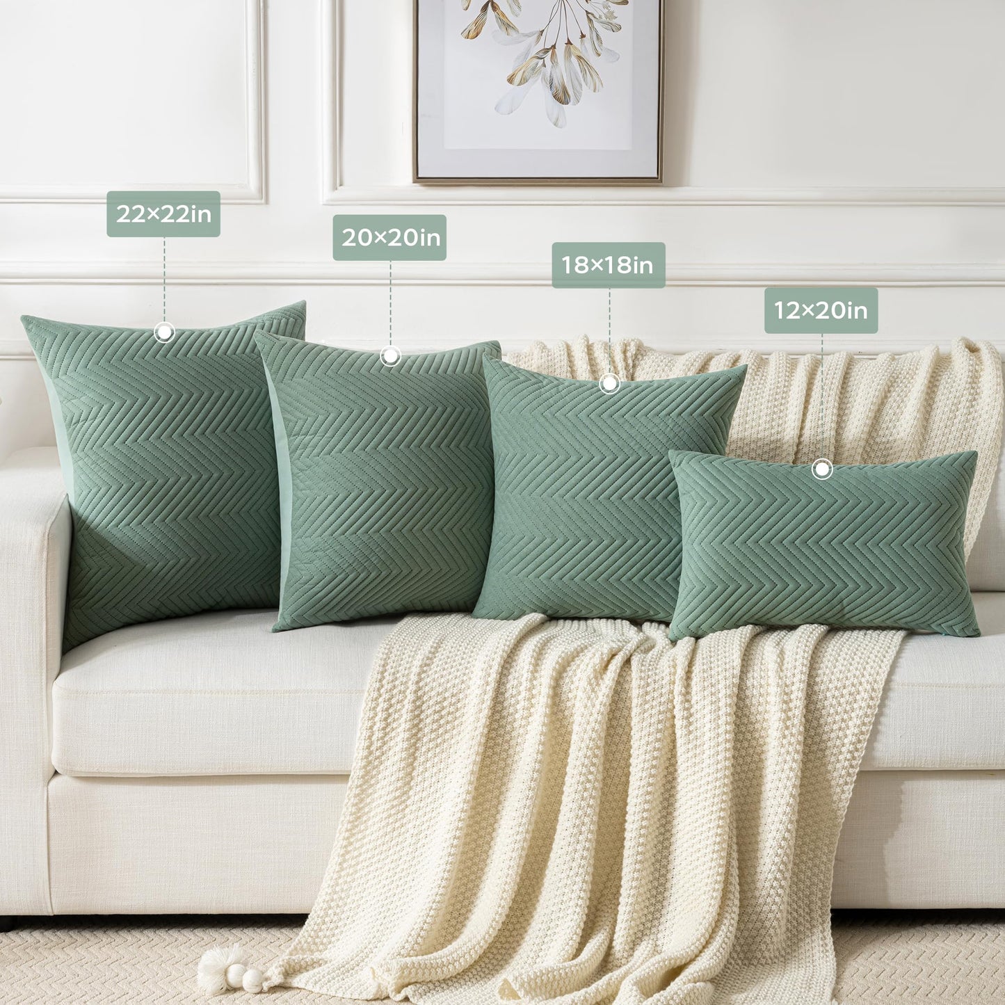 JELLYMONI Throw Pillow Covers 20”x20” Set of 2 Decorative Pillow Cases Light Green with Zipper Square Cushion Cover Polyester Quilted Solid Soft Home Decor for Bed Sofa Living Room (NO Insert)